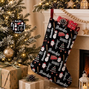 Personalized Baseball Lover Christmas Stocking, Custom Sport Children's Holiday Gift, Child Teen Ornament, Mantle Home Decor, Santa Snowman