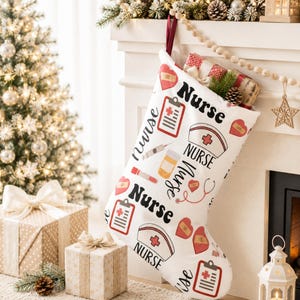 Custom Retro Nurse Christmas Stocking, Personalized Name RN Registered Stocking Holiday Gift, Medical Office Decor, Oncology Pediatric Xmas