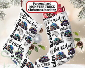 Personalized Monster Truck Christmas Stocking, Custom Children Name Lifted Trucking Stocking Kid Holiday  Gift, Boy Child Xmas Stocking
