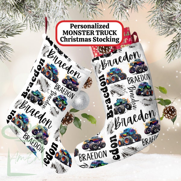 Personalized Monster Truck Christmas Stocking, Custom Children Name Lifted Trucking Stocking Kid Holiday Sock Gift, Boy Child Xmas Stocking