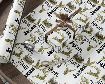 Papier do pakowania w rolce z imieniem na myśliwskie sporty, spersonalizowany papier do pakowania prezentów na każdą okazję z imieniem na polowanie na jelenia, dekoracja urodzinowa dla myśliwego