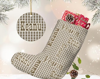 Custom Neutral Brown Palaka Print Christmas Stocking Gift, Large Plush Hawaiian Plaid Stocking Personalized Name Hawaii Palaka Xmas Ornament