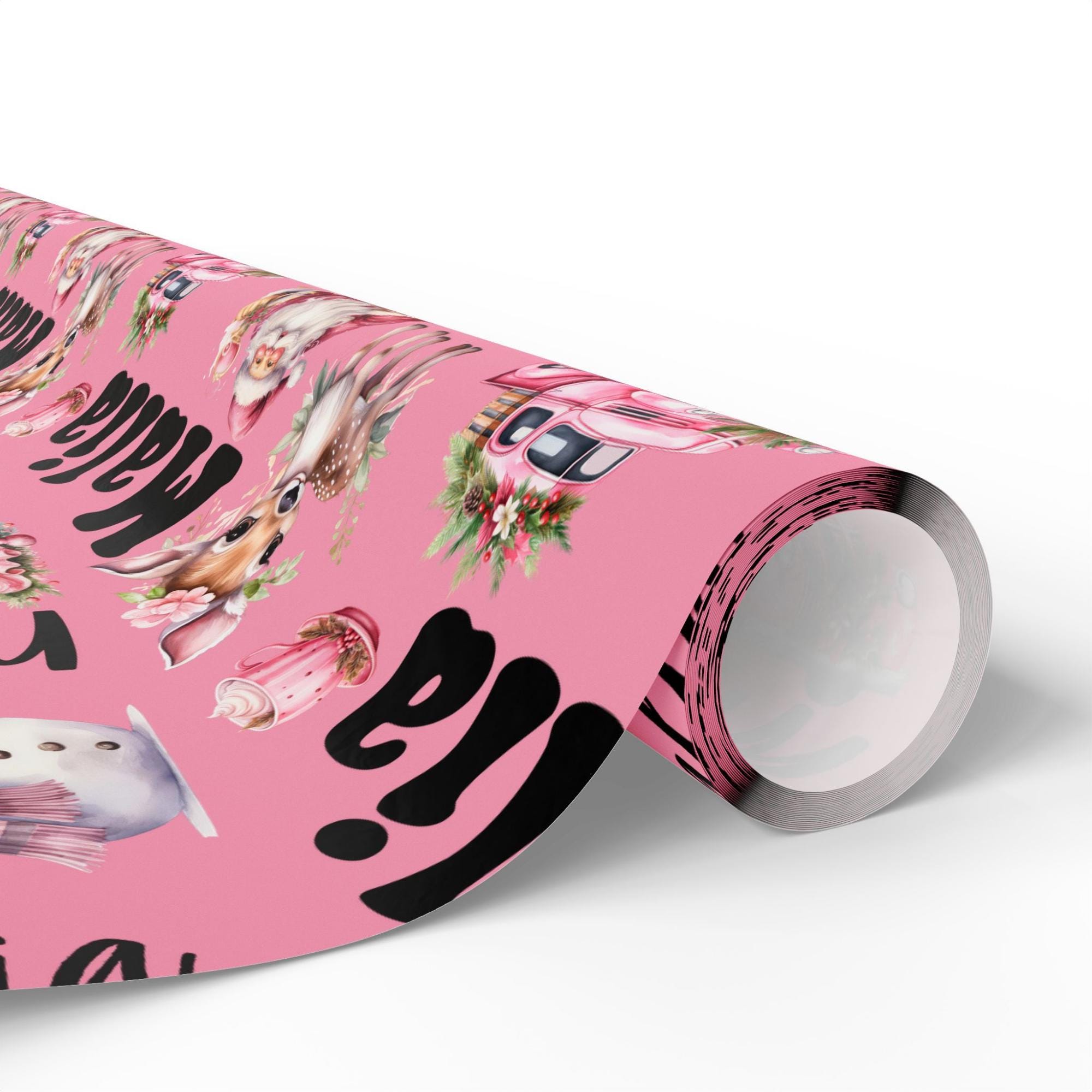Personalized Name Pink Retro Christmas Wrapping Paper Roll, Custom Nostalgic Holiday Season Vintage Gift Wrap Sheet Decorative Present Wrap