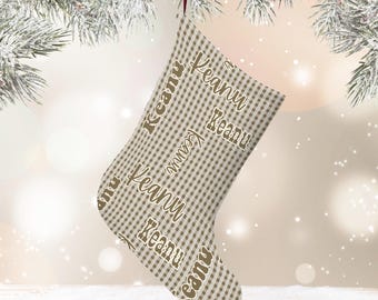 Personalized Neutral Brown Palaka Print Christmas Stocking Gift, Large Plush Hawaiian Plaid Stocking Custom Name Hawaii Palaka Xmas Ornament