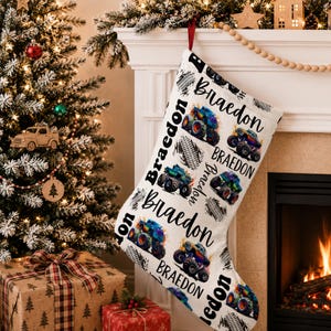 Personalized Monster Truck Christmas Stocking, Custom Children Name Lifted Trucking Stocking Kid Holiday  Gift, Boy Child Xmas Stocking
