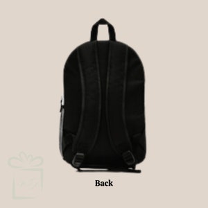 May include: Black backpack with adjustable straps and a zippered pocket on the side. The backpack is shown from the back.