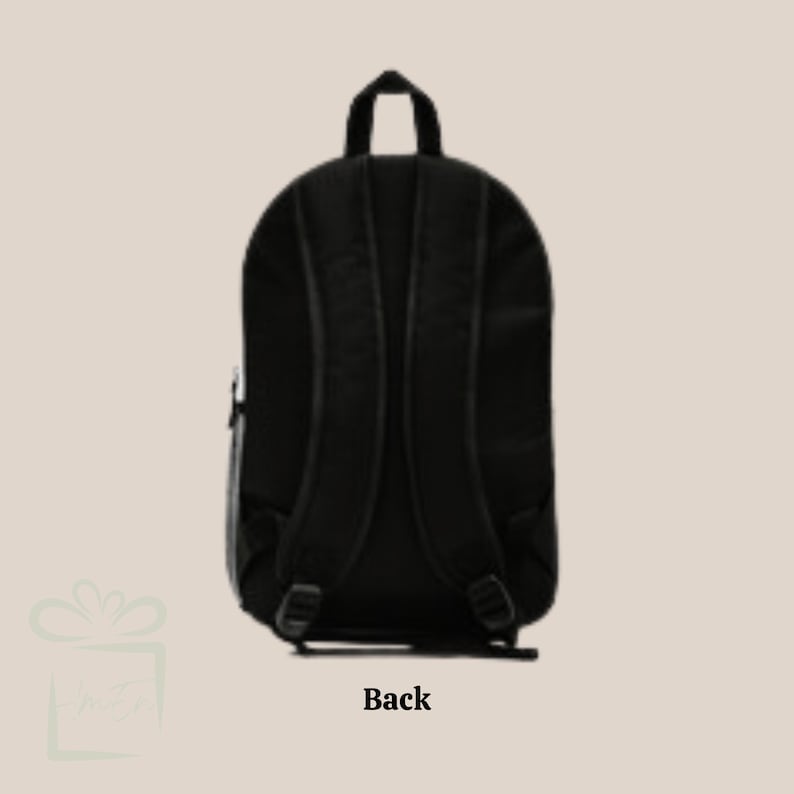 May include: Black backpack with adjustable straps and a zippered pocket on the side. The backpack is shown from the back.