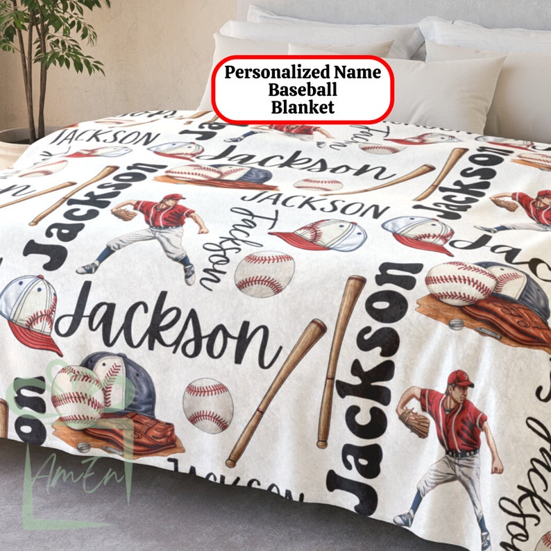 Custom Baseball Blanket, Personalized Name Sport Xmas Minky Fleece