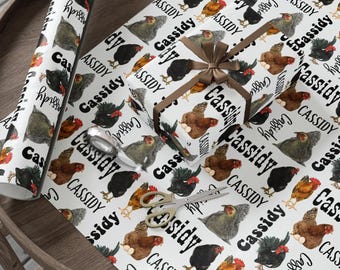 Rollo de papel de regalo personalizado con nombre y gallo, hoja de papel de regalo campestre personalizada para cualquier ocasión para amantes de las gallinas, papel de regalo con diseño de gallina