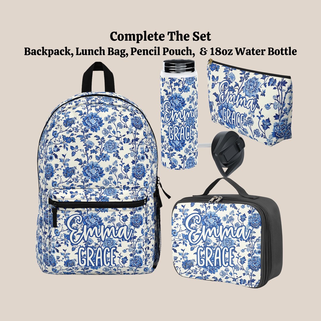 Custom Blue Chinoiserie Backpack Lunch Bag Gift Set, Floral Back