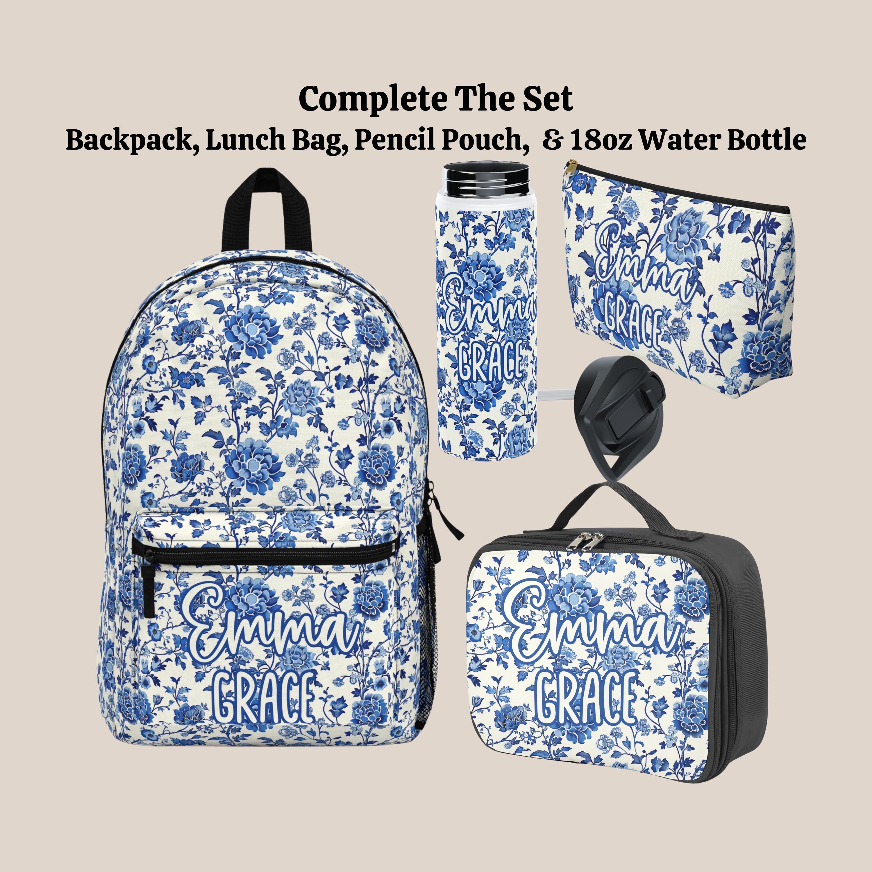 Custom Blue Chinoiserie Backpack Lunch Bag Gift Set, Floral Back