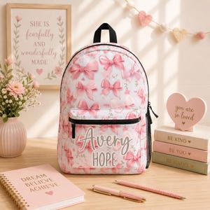 Personalized Coquette Pink Bow Backpack Lunch Bag Tumbler Set, Soft Girl Era Back To School Bookbag Custom Travel Knapsack, Birthday Gift