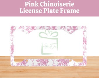 Pink Chinoiserie License Plate Cover Frame, Toile De Jouy Car Accessory Gift, New Car Accessory, Vintage Rose Floral License Plate Frame
