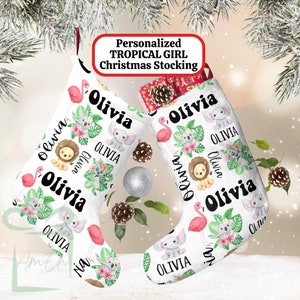 Personalized Tropical Baby Animal Large Christmas Stocking, Custom Children's Name Girly Jungle Stocking Kid Holiday , Girl Child Xmas Gift