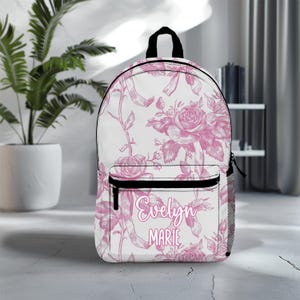 Custom Pink Coquette Bow Backpack Lunch Bag Gift Set, Rose Chinoiserie Bookbag, Personalized Travel Water Bottle, Matching Pencil Pouch Set