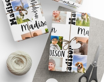 May include: White wrapping paper with a collage of photos, the name "Madison" in bold black letters, and tied with twine. A pair of scissors, a ball of twine, and heart-shaped tags are also visible.
