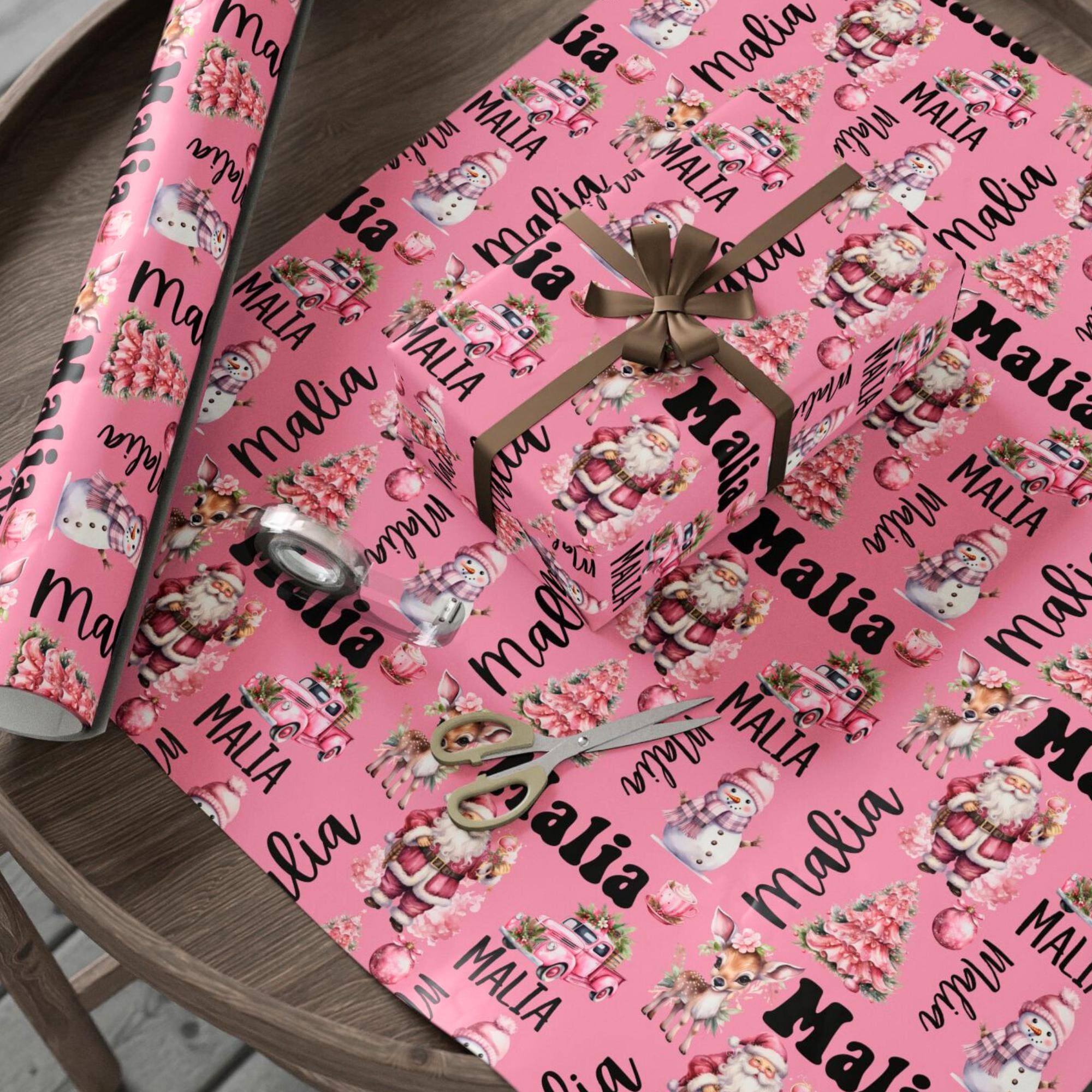 Personalized Name Pink Retro Christmas Wrapping Paper Roll, Custom Nostalgic Holiday Season Vintage Gift Wrap Sheet Decorative Present Wrap