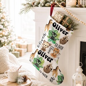Personalized Tropical Baby Animal Large Christmas Stocking, Custom Children's Name Neutral Jungle Stocking Kid Holiday , Boy Child Xmas Gift