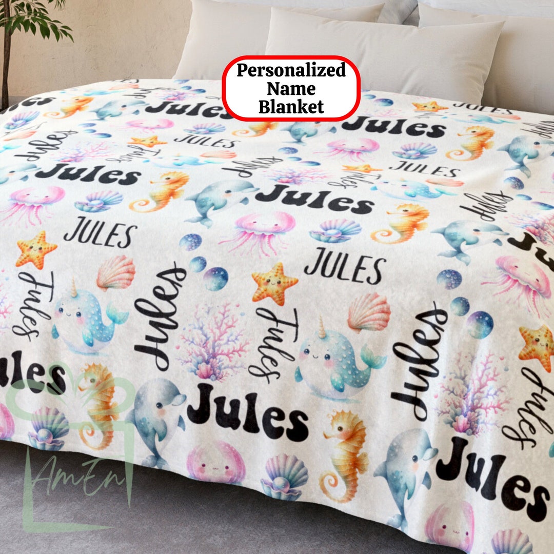 Personalized Name Under Sea Life Ocean Blanket Gift, Custom Narwal ...