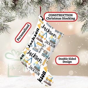 Custom Construction Large Christmas Stocking, Personalized Children&#39;s Name Stocking, Kids Holiday  Gift, Child Xmas Stocking Home Decor, Boy