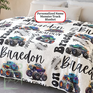 Custom Name Lifted Truck Blanket, Personalized Xmas Minky Fleece Throw, Christmas Eve Box Gift, Monster Truck Boy Birthday Present Gift