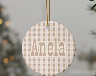 Personalized Neutral Beige Palaka Print Christmas Ornament Gift, Large Plush Hawaiian Plaid Stocking Custom Name Hawaii Palaka Xmas Stocking