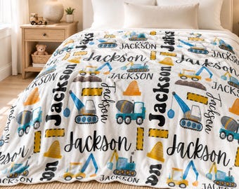 Gepersonaliseerde deken met bouwvoertuigen, fleece plaid met naam en kiepwagenmotief, cadeau voor peuterjongen, verjaardagscadeau voor kind