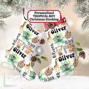 Personalisierter tropischer Baby-Tier großer Weihnachtsstrumpf, Name des benutzerdefinierten Kindes, neutraler Dschungel-Strumpf-Kindurlaub, Jungen-Kind-Weihnachtsgeschenk