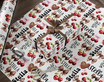 Personalized Name Cherry On Top Leopard Wrapping Paper Roll, Custom Coquette Bow All Occasion Gift Wrap Sheet, Decorative Birthday Gift Wrap