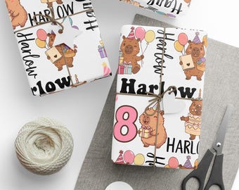 Rollo de papel de regalo personalizado con la edad y diseño de capibara para cumpleaños, envoltorio de regalo personalizado con nombre para niña, decoración de cumpleaños infantil, temática de capibara para niños.