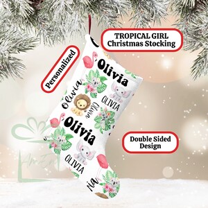 Custom Tropical Baby Animal Large Christmas Stocking, Personalized Children&#39;s Name Girly Jungle Stocking Kid Holiday , Girl Child Xmas Gift