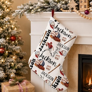 Personalized Name Baseball Large Christmas Stocking, Custom Boy Sport Stocking,  Kid Teenager Sporty Vintage Holiday  Gift, Base Ball Lover