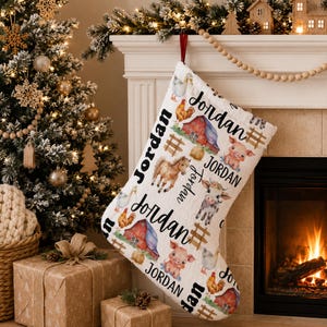 Personalized Farm Animal Christmas Stocking, Custom Children's Name Country Western Stocking Kid Holiday  Gift, Child Boho Xmas Stocking
