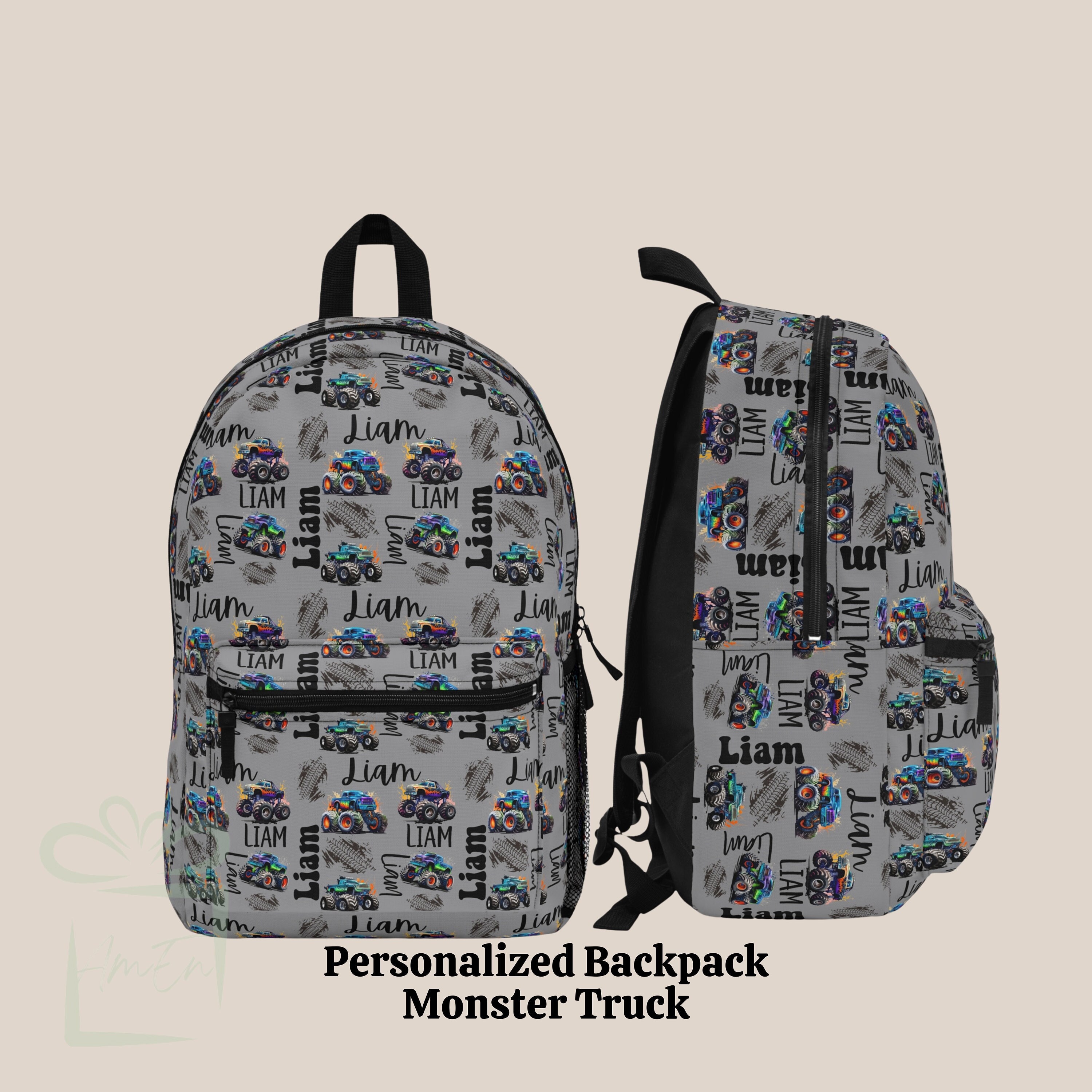 Personalized Lifted Monster Truck Backpack, Kid Back To School Lunch Bag Set, Custom Name Travel Bookbag, Daycare Tumbler, Boy Birthday Gift