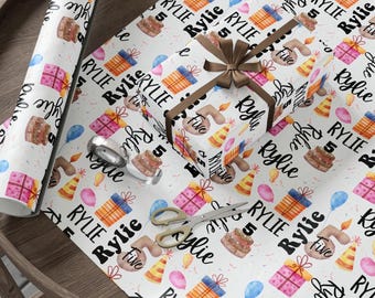 Personalized Name Five Birthday Wrapping Paper Roll, Custom Fifth Birthday Gift Wrap Sheet, Five Year Old Birthday Decor 5 Present Gift Wrap