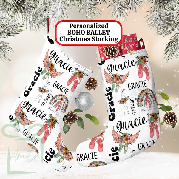 Bas de Noël girly de ballet bohème personnalisé, cadeau de chaussette de vacances pour enfant, nom d'enfant personnalisé bas floral bohème, ballerine enfant