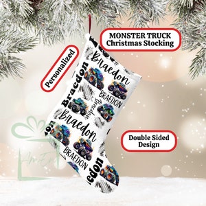 Kundenspezifischer Monstertruck-Weihnachtsstrumpf, personalisierter Kindername angehobener LKW-Strumpf-Kindweihnachtsgeschenk, Jungen-Kindweihnachtsstrumpf