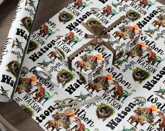 Rotolo di carta da regalo personalizzata con dinosauri, carta da regalo personalizzata con nome preistorico per tutte le occasioni, regalo di compleanno decorativo con dinosauri