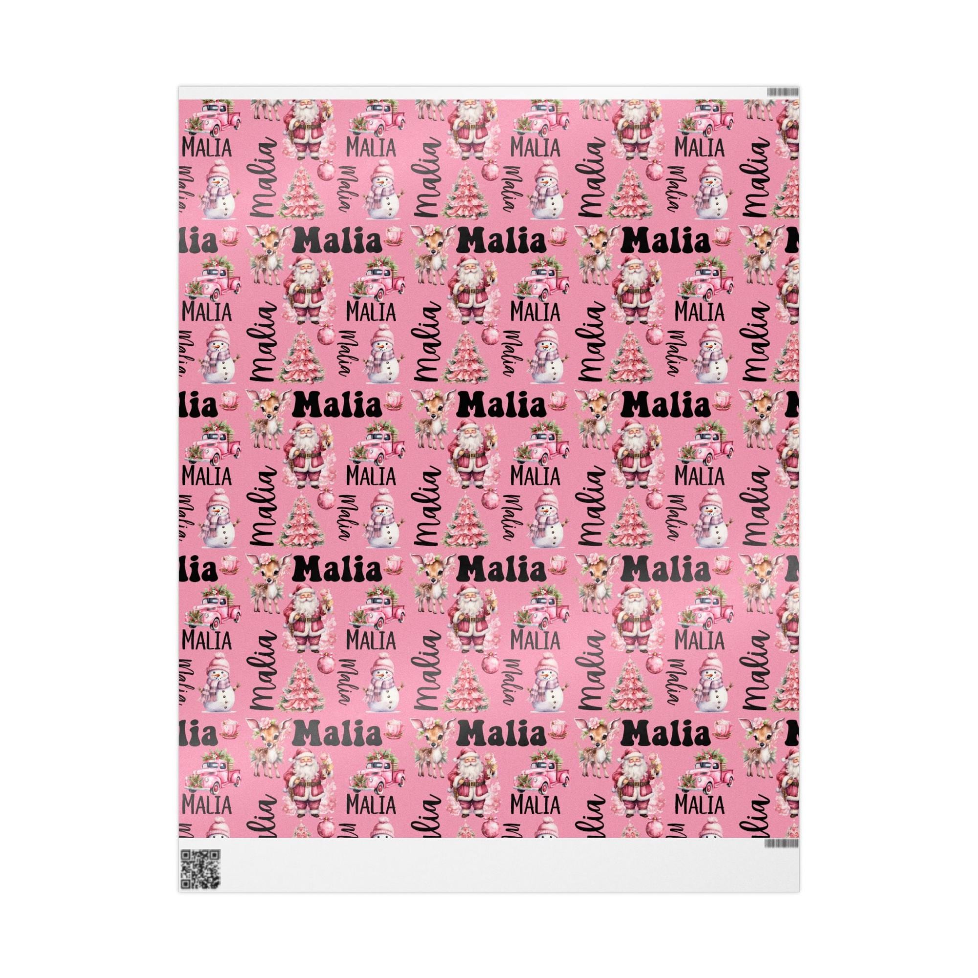 Personalized Name Pink Retro Christmas Wrapping Paper Roll, Custom Nostalgic Holiday Season Vintage Gift Wrap Sheet Decorative Present Wrap