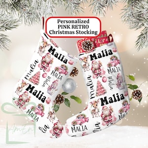 Personalized Retro Pink Large Christmas Stocking, Custom Children's Name Girly Vintage Stocking Kid Holiday  Gift, Girl Child Xmas Stocking