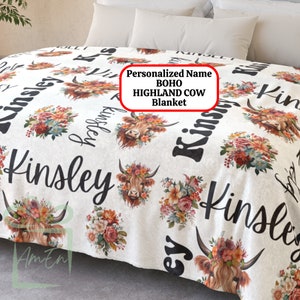 Custom Boho Highland Cow Blanket, Personalized Floral Bohemian Xmas Country Western Fleece Throw, Christmas Eve Box Gift Birthday Present