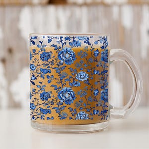 Chinoiserie Floral Glass Mug Gift, Blue French Toile De Jouy Glass Mug, Gift For Mom For Mother&#39;s Day, Vintage Floral Bridesmaid Coffee Mug
