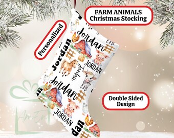Custom Farm Animal Christmas Stocking, Personalized Children's Name Country Western Stocking Kid Holiday  Gift, Child Boho Xmas Stocking