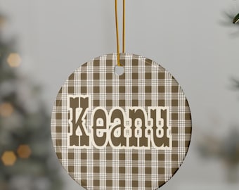 Personalized Neutral Brown Palaka Print Christmas Ornament Gift, Large Plush Hawaiian Plaid Stocking Custom Name Hawaii Palaka Xmas Stocking