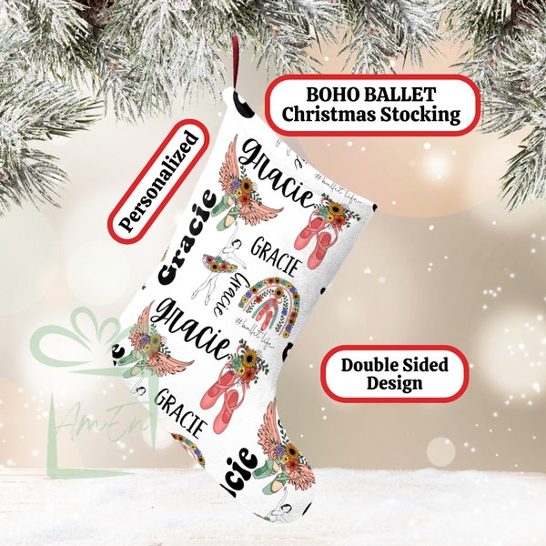 Bas de Noël girly de ballet bohème personnalisé, cadeau de chaussette de vacances pour enfant, nom d'enfant personnalisé, bas de Noël floral bohème, ballerine enfant