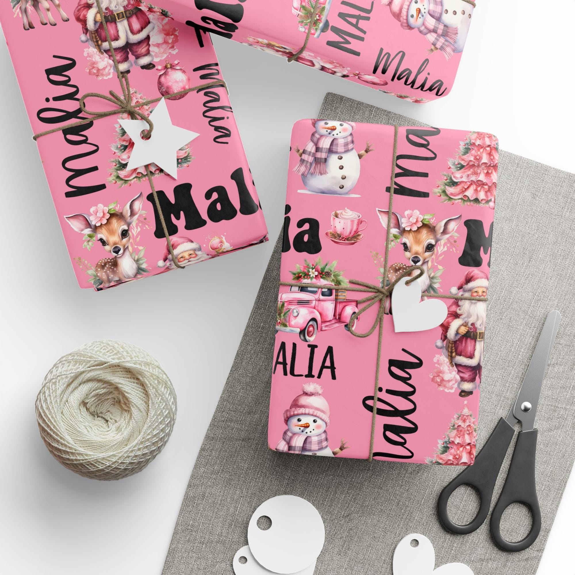 Personalized Name Pink Retro Christmas Wrapping Paper Roll, Custom Nostalgic Holiday Season Vintage Gift Wrap Sheet Decorative Present Wrap