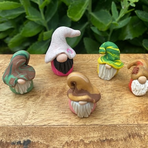 Mystery Gnomes, miniature polymer clay gnomes, tiny gnomes, intuitive selection, colorful decor, handcrafted figurines