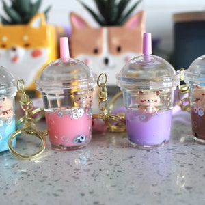 Kawaii Bear Boba Milk Tea, Bubble Tea Liquid KeyChain, Cute Pearl Milk Tea Floating Liquid Keychain Pendant Keyring Key Charm Fidget Shaker