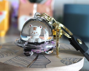 Chaveiro de areia movediça do navio espacial do tigre de Kawaii, chaveiro líquido do chá da bolha, chaveiro líquido flutuante bonito pingente chaveiro chave charme fidget shaker