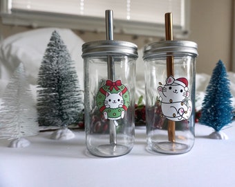 Reusable Christmas Cat Bubble Tea Cup with Bevel Cut Stainless Steel Straw / Eco-Friendly Boba Tea Cup / Cute Reusable Boba Smoothie Cup